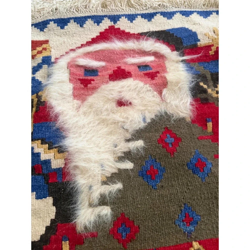 Vintage Handwoven Wool Santa Claus Tapestry Wall 30x50 Folk Art Christmas Rug